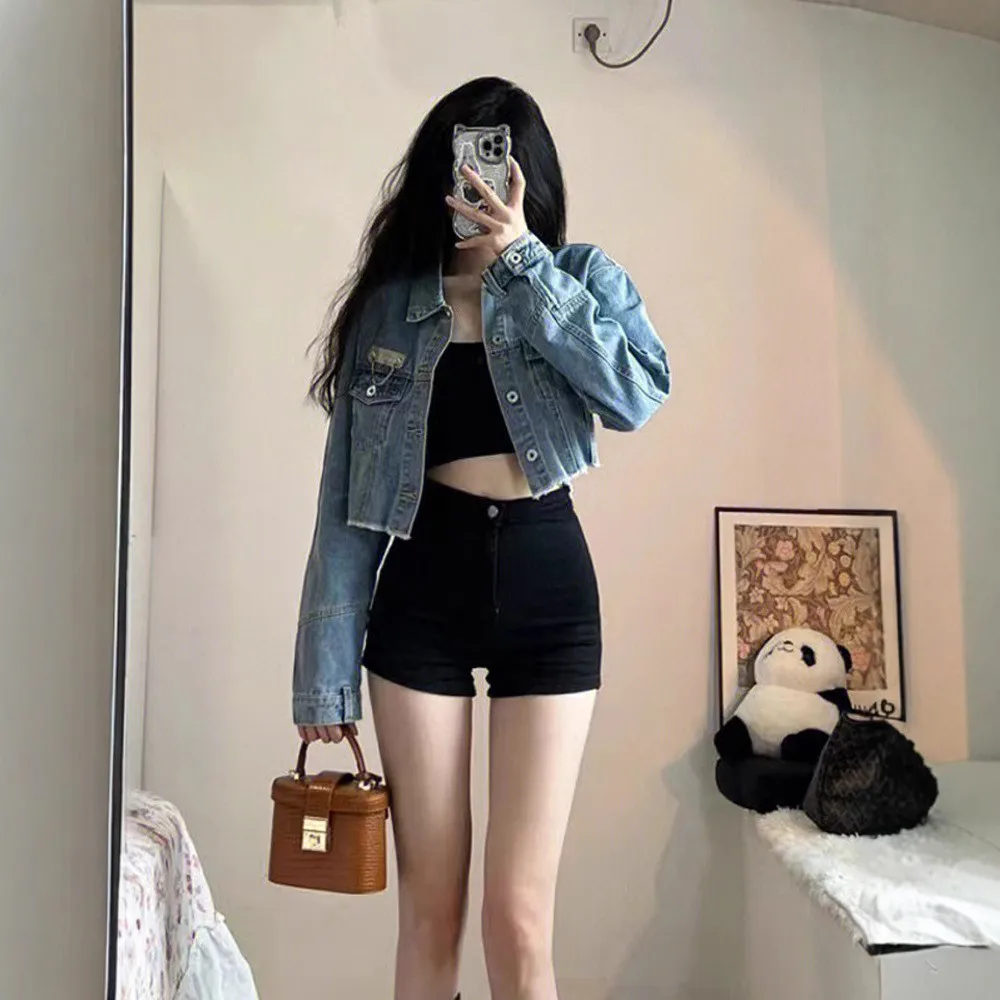 

High Waist Black Denim Shorts Women's Summer Casual Elastic A-Line Personality Spicy Tight Fit Hot Pants Straight Leg Jeans
