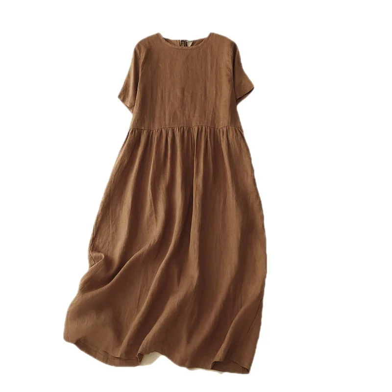 Women Cotton Linen Midi Dresses Summer Chic Female Vestidos Loose  A-Line Boho Dress Short Puffy Sleeve Casual Sundress New