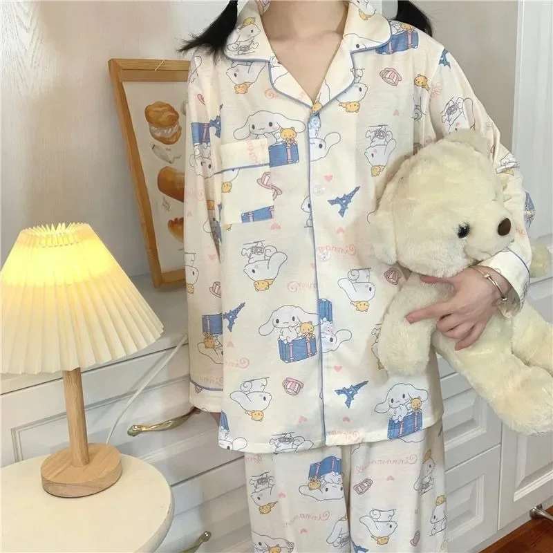 New Kawaii Cinnamoroll Cartoon Pajamas for Women Spring and Autumn Long-sleeved Trousers Home Wear Student Suit Holiday Gift