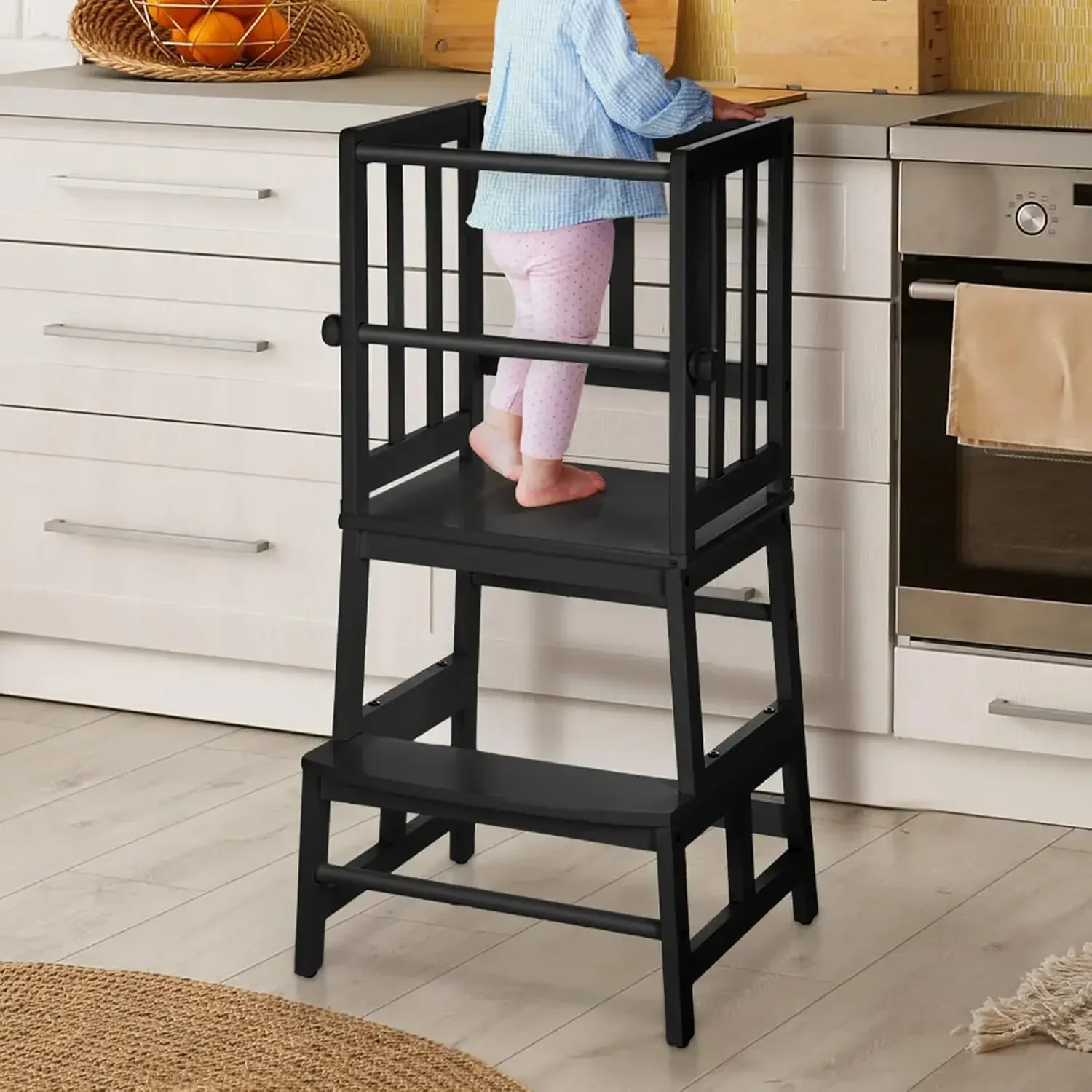 Kids Kitchen Step Stool Helper Baby and Toddler Multi-Function Step up Nursery Helper Stand with Safety Rail in Natural Bamboo,