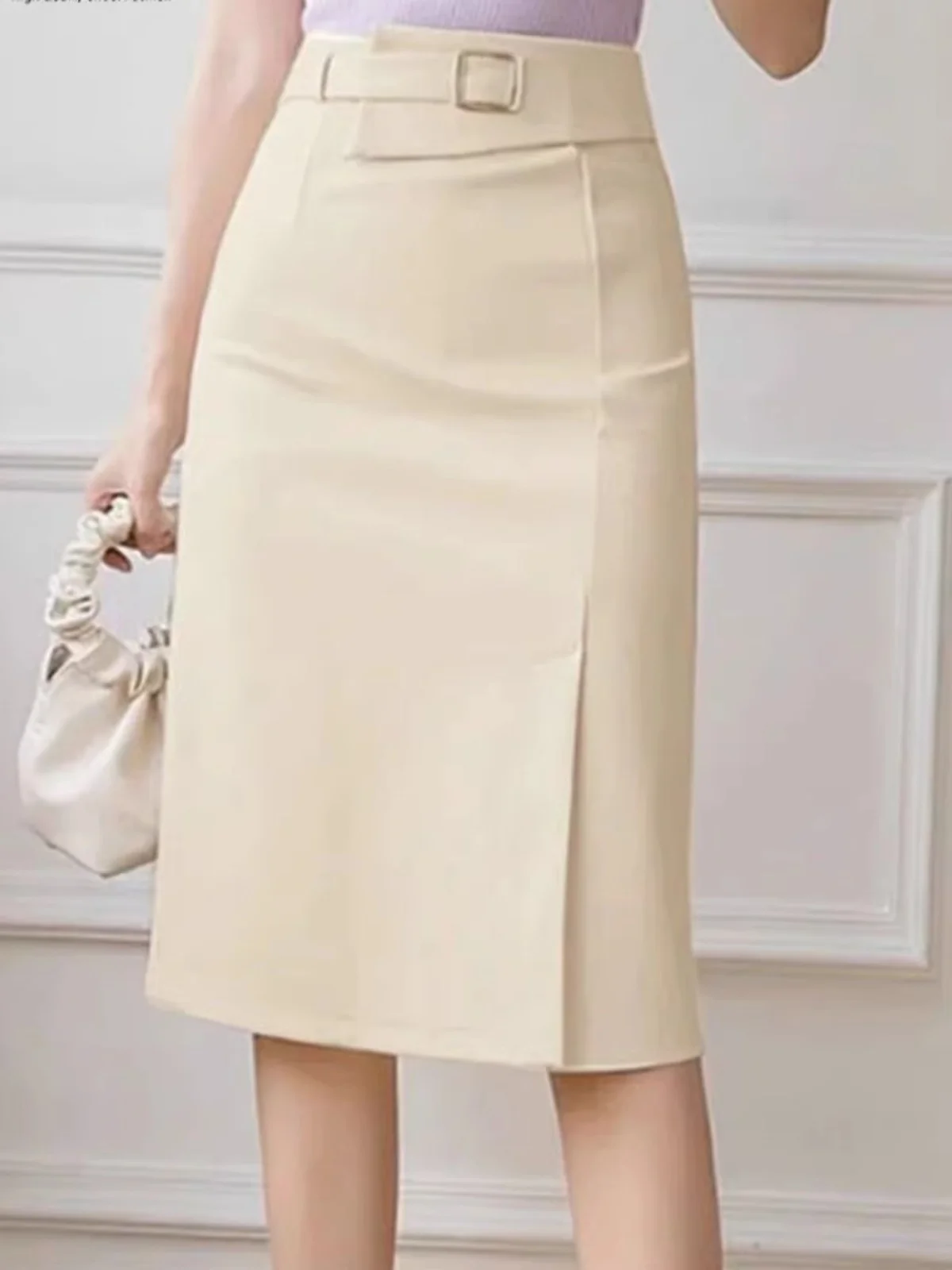 

Эластичная пригородная профессиональная юбка-миди с высокой талией и запахом на бедрах Dr Street Sle Busin Повседневная подставка из полиэфирного волокна Весенняя юбка...