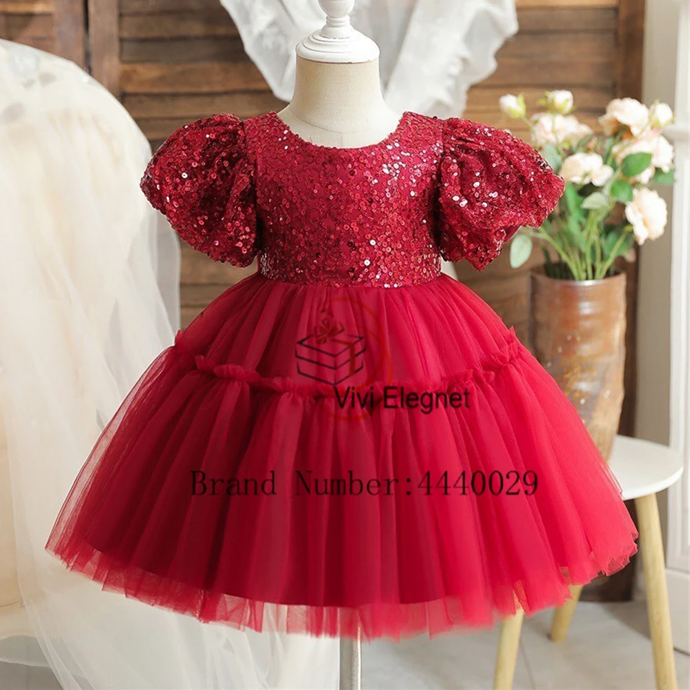 

Modern Scoop Red Flower Girls Dresses for Kids 2024 Short Sleeve Christmas Gowns with Sequined New Soft Tulle فلور فتاة اللباس