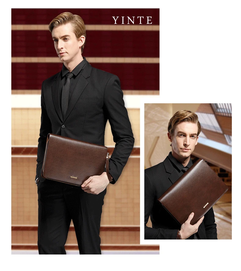 YINTE Leather Bags Men Women Business A4 Leather File Bag Storage Zipper Tablet Bag Large-capacity Thickened Document Briefcase