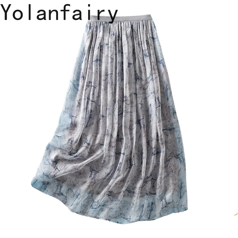 

YOLANFAIRY 100% Real Mulberry Silk Skirts Long Women's Clothes Summer High Waist Printed Skirt Woman Elastic Waist Gray Skirt