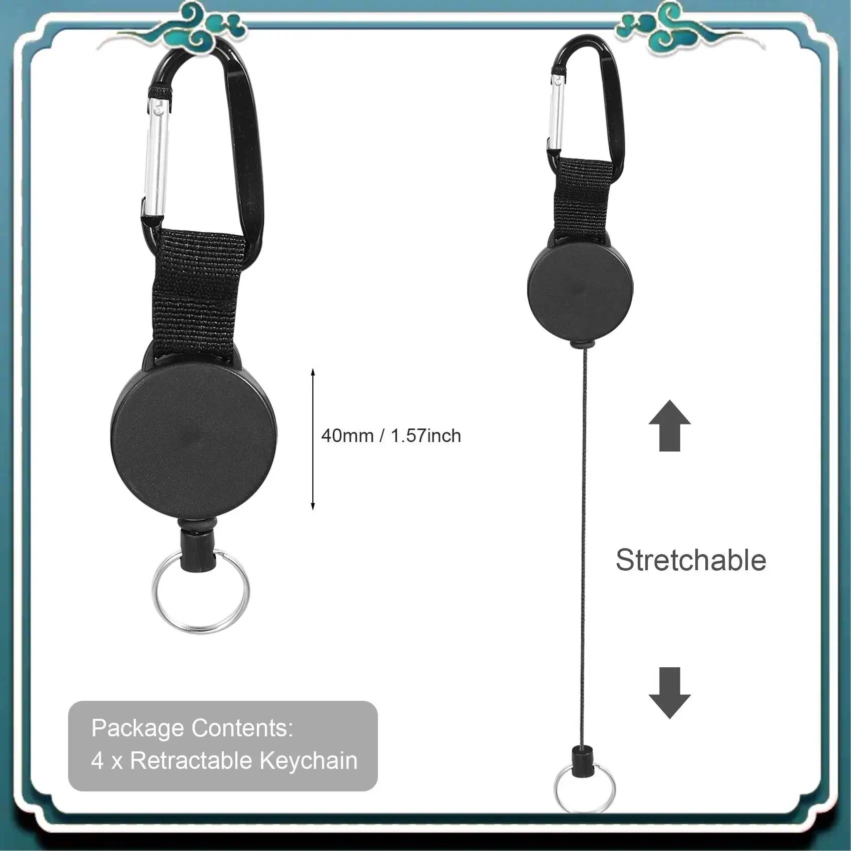 سهلة الاستخدام 4 قطع سلسلة مفاتيح قابلة للسحب شديدة التحمل حامل شارة قابل للسحب مشبك بكرة مع حبل سلك فولاذي 64 سم #2