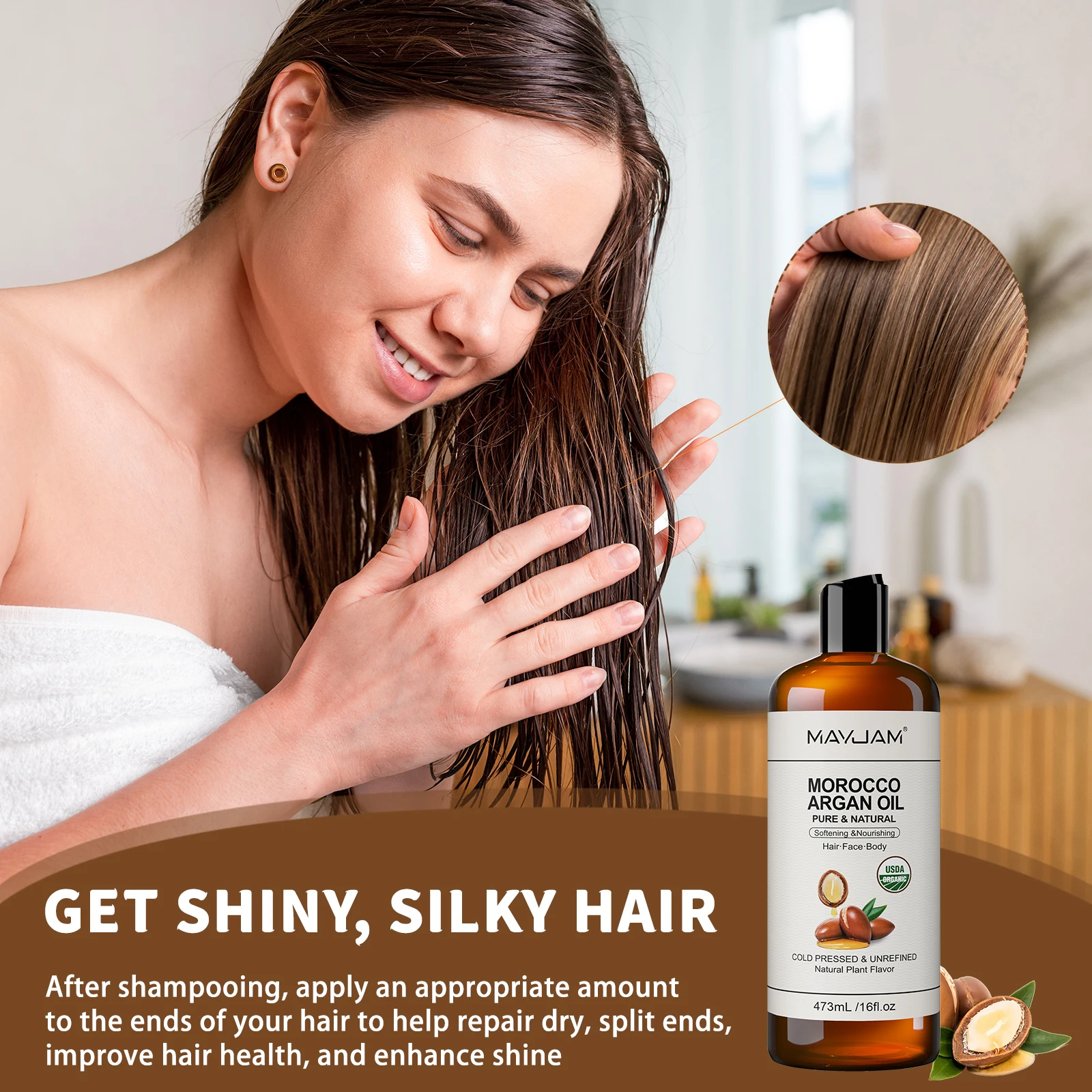 USDA زيت جوز الهند العضوي للبشرة وشعر الوجه واللوز الحلو المضغوط على البارد زيت بذور عباد الشمس الأرغان المغربي لترطيب التدليك