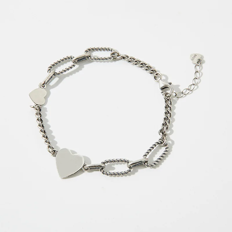 925 Sterling Silver Bracelets for Women Men String Accessories Trend Vintage Heart Hollow Chain Pendant Party Jewelry Gift