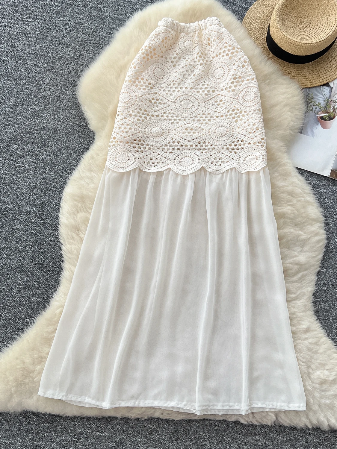

Ele High Waist Me f Skirt with Lace Hollow out Design And Butt Covering Mid-Length A-Line Skirt for Women Summer