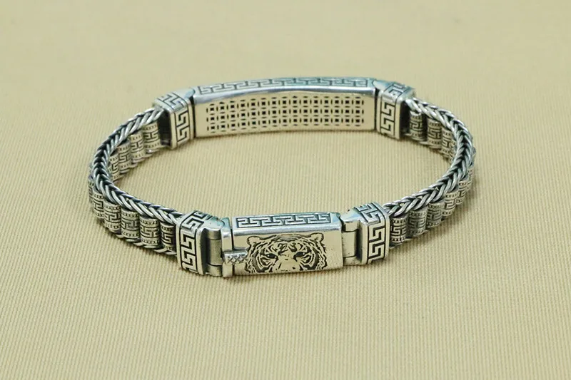 S925 sterling silver Tiger Year Tiger Bracelet for men's zodiac year silver jewelry made of old Thai silver engraved with rotati