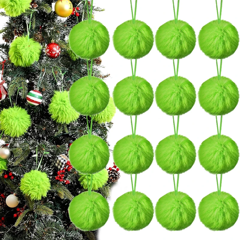 16 Pcs Lime Green Furry Christmas Ball Ornaments Furry Elf Ornaments For Tree Green Christmas Hanging Decorations Soft Faux