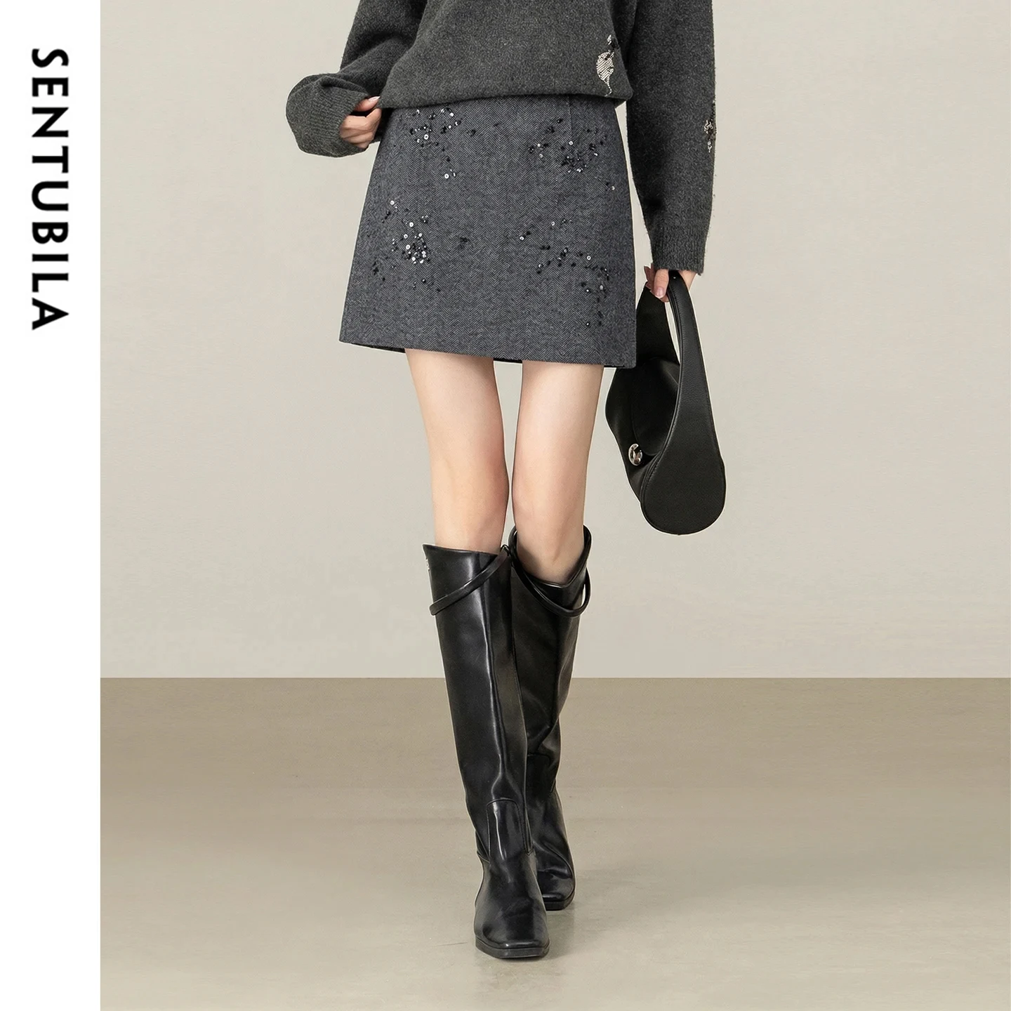 

SENTUBILA Women's Sequin Skirt 2025 Elegant Wool Blend Bead Embroidery A Line Short Skirt Winter Thick Commute Clothes 161QA6559