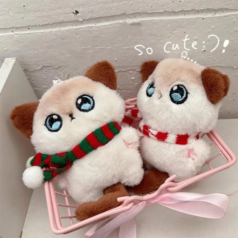 1개 스카프를 쓴 작은 고양이 귀여운 만화 플러시 키체인 자동차 키체인 액세서리 선물 샤메 고양이 인형 백팩 펜던트