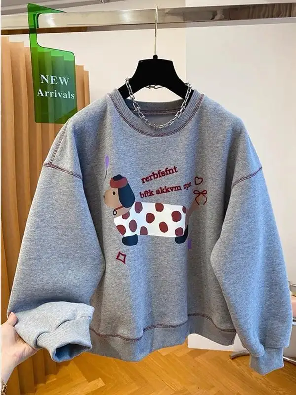

Thickened Fleece Hoodie Women's Loose round Neck Cartoon Dog Print Top Trendy American Retro Grey Hoodie for Autumn Winter