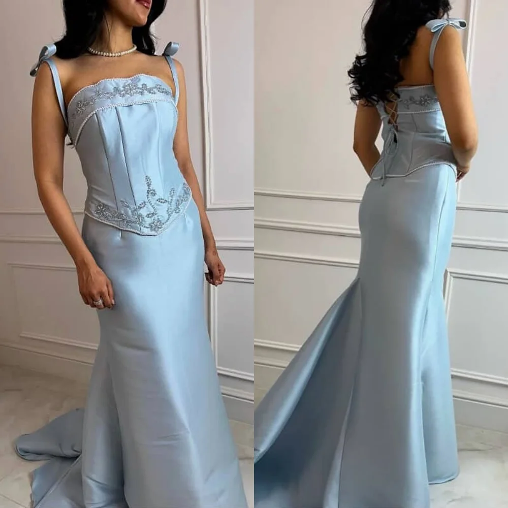

Customized Modern Style Elegant Charmeuse Bow Pleat Mermaid Spaghetti strap Long Dresses Bespoke Occasion Dresses Formal Classic