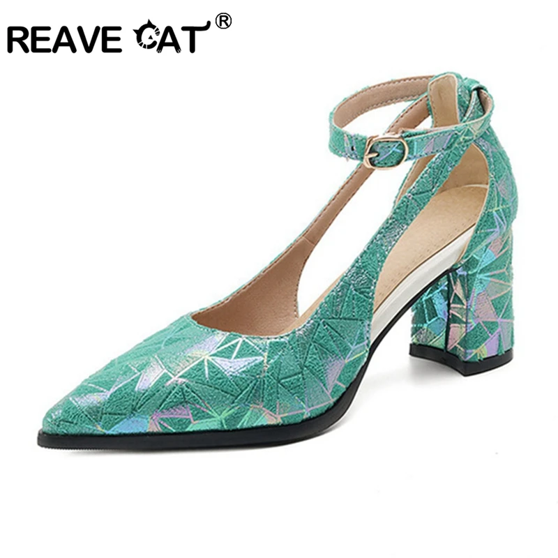 

REAVE CAT 2024 Pointed Toe Women Pumps 7cm Heel Ankle Strap Print Red Big Size 41 42 43 Party