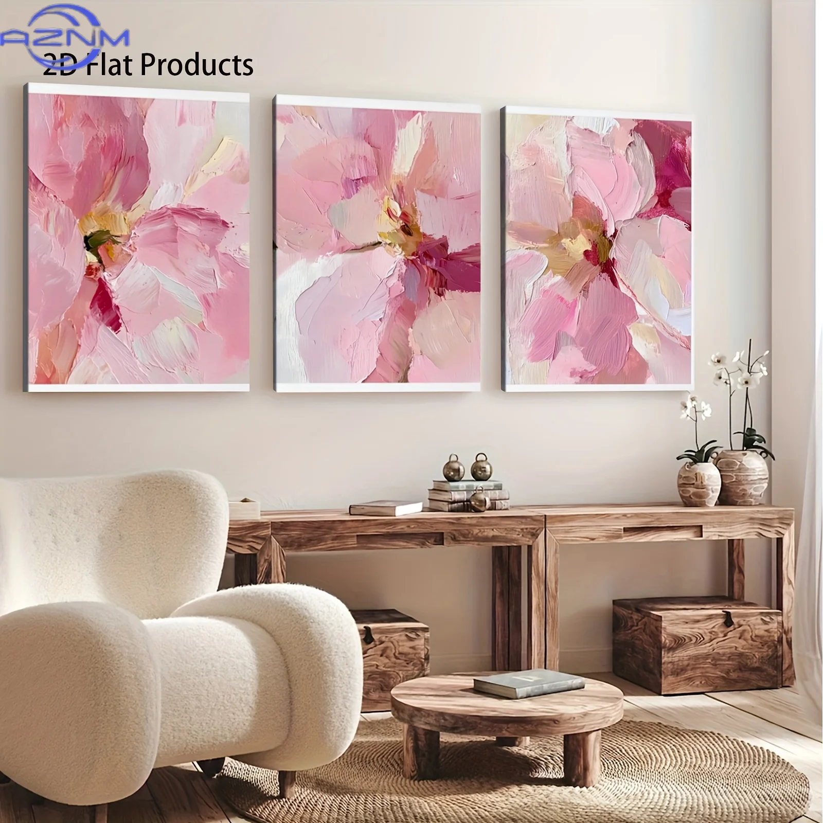 3pcs with frame -Pink floral abstract triptych art Theme Canvas Wall Art Framed Painting Clearance Sale,  Suitable for Halloween