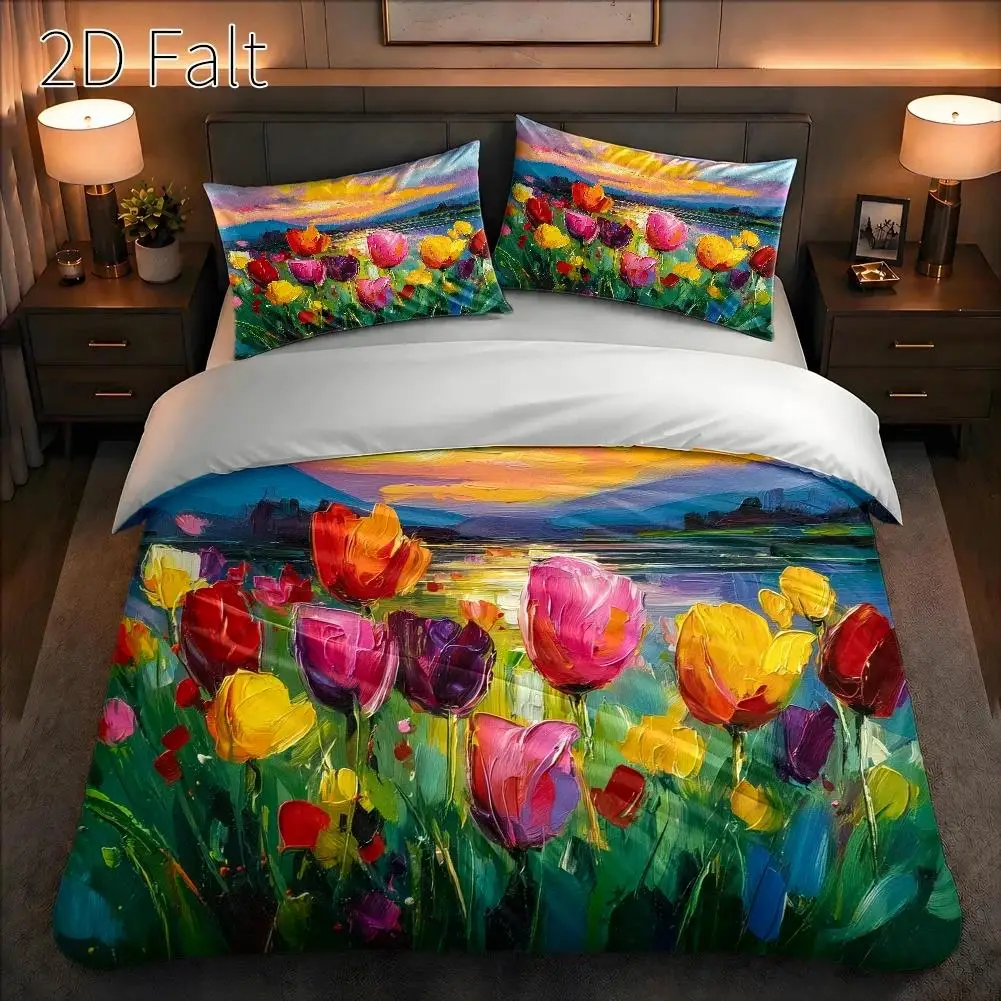 3-Piece Quilt Cover Set, 1 Quilt Cover + 2 Pillowcases (Without Filling) 2D Flat Priting, Quilt Cover Set of Three, Tulip Theme, Abstract Art Style, Spring Festival, Suitable for All Seasons, Machine Washable, Invisible Zipper, Large Quilt Cover Set, Bedding Set, Skin-Friendly and Breathable, Soft and Comfortable, Does Not Fade or Pill, Suitable for Home/Dormitory