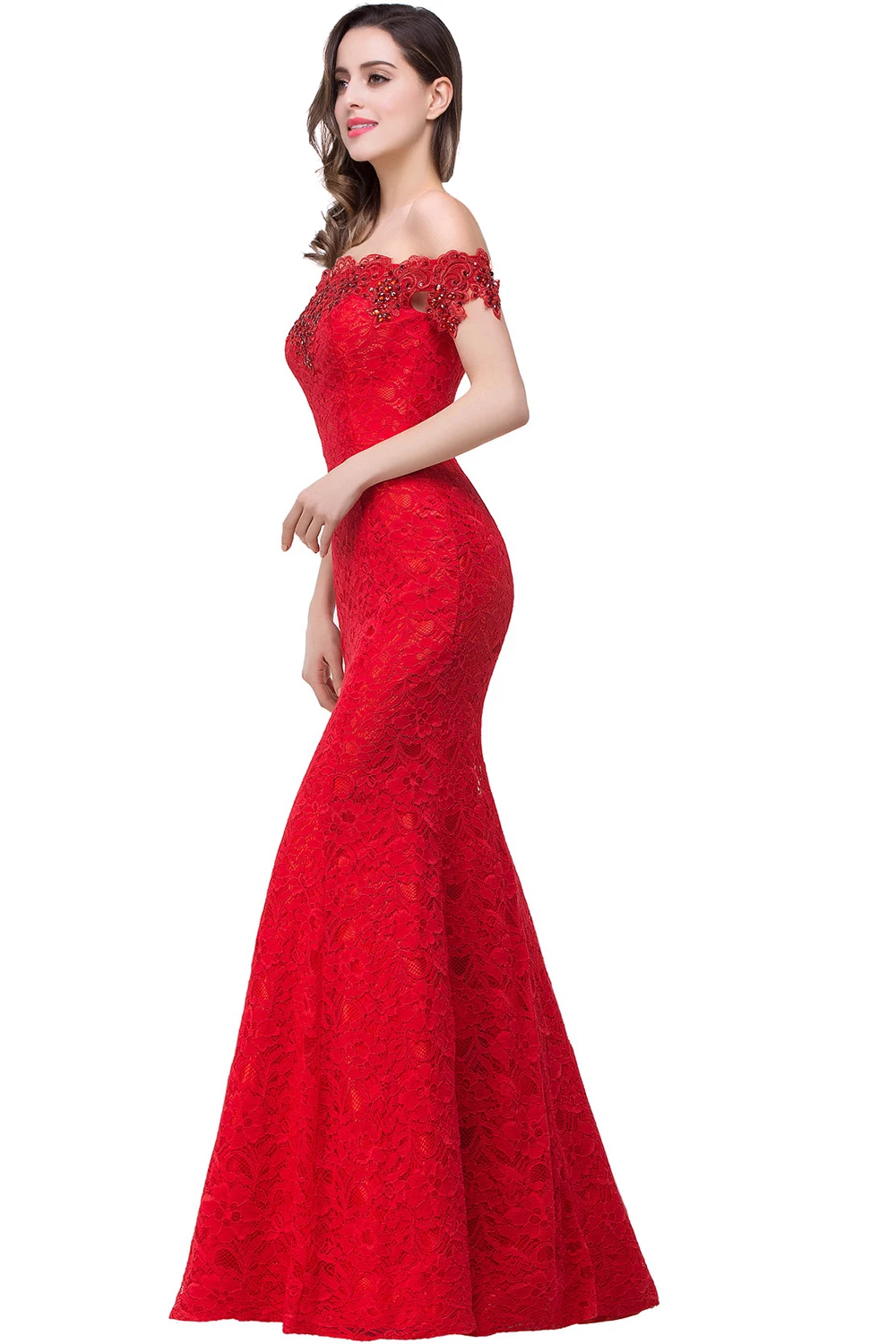 FATAPAESE Evening Dresses Crystal Beaded Lace Appqulies Off-shouder Lace-up Back Dress Mermaid Skirt Formal Party Gown