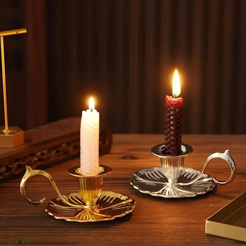 1 Pc Vintage Metal Chamberstick Candle Holder With Handle Teacup Shape Ridged Pillar Candle Stand For Home Decor Wedding Table