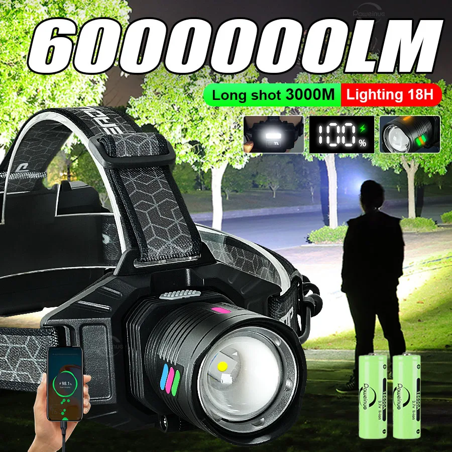 600000LM Super Bright Headlamp Rechargeable LED Headlight Waterproof Head Flashlight With Digital Display Camping Fishing Lights