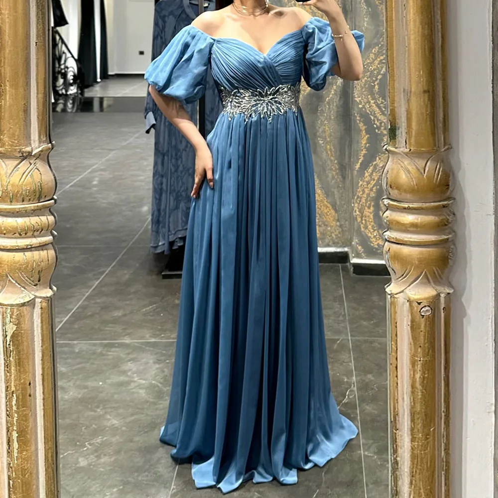 

Customized A-line Evening Dresses Floor-length Off The Shoulder Sleeveless Prom Gown Fashion Crystal Simple Draped Party Gown