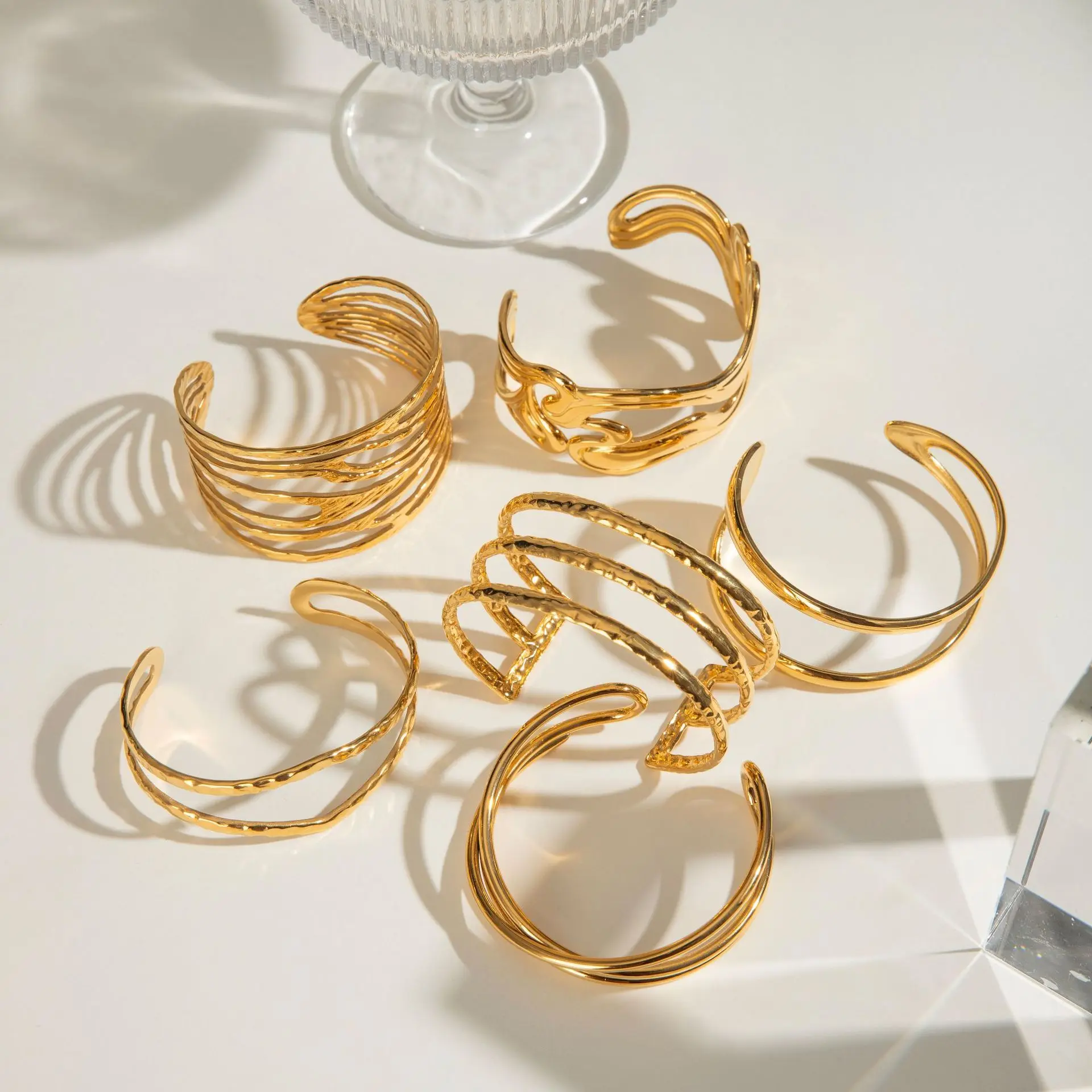 

New Trendy Stainless Steel Line Jewelry Gold Color Gift Minimalist Opening Double Layer Bracelets Cuff Bangles for Women