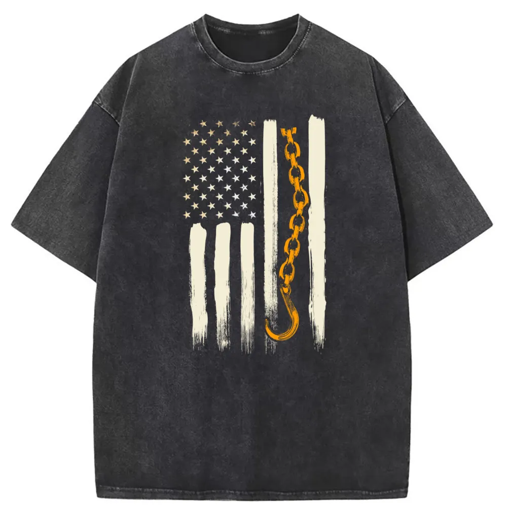 America USA Flag Graphic Man Retro T-shirts Vintage Chain Hook Printed Long Sleeve Tee Shirt Men Washed Cotton Sweatshirts