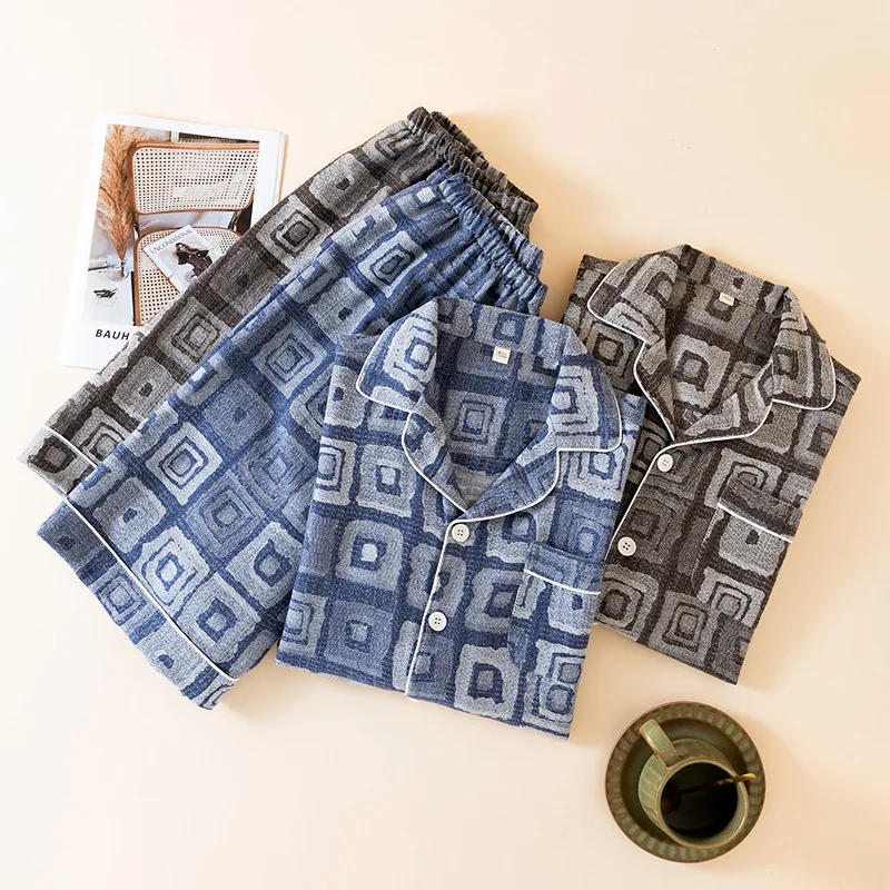 

Summer Thin Men's Pajamas Pure Cotton Jacquard Gauze Short-sleeved Shorts Loungewear Set Turn-Down Collar Loose Men Sleepwear
