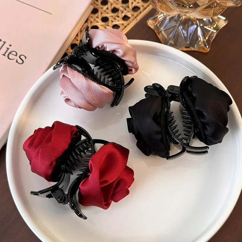 Retro New Handmade Satin Rose Flower Hair Clip Geometry Hair Claw for Women Girl Elegant Hairpin Crab Barrettes Hair Accessories
