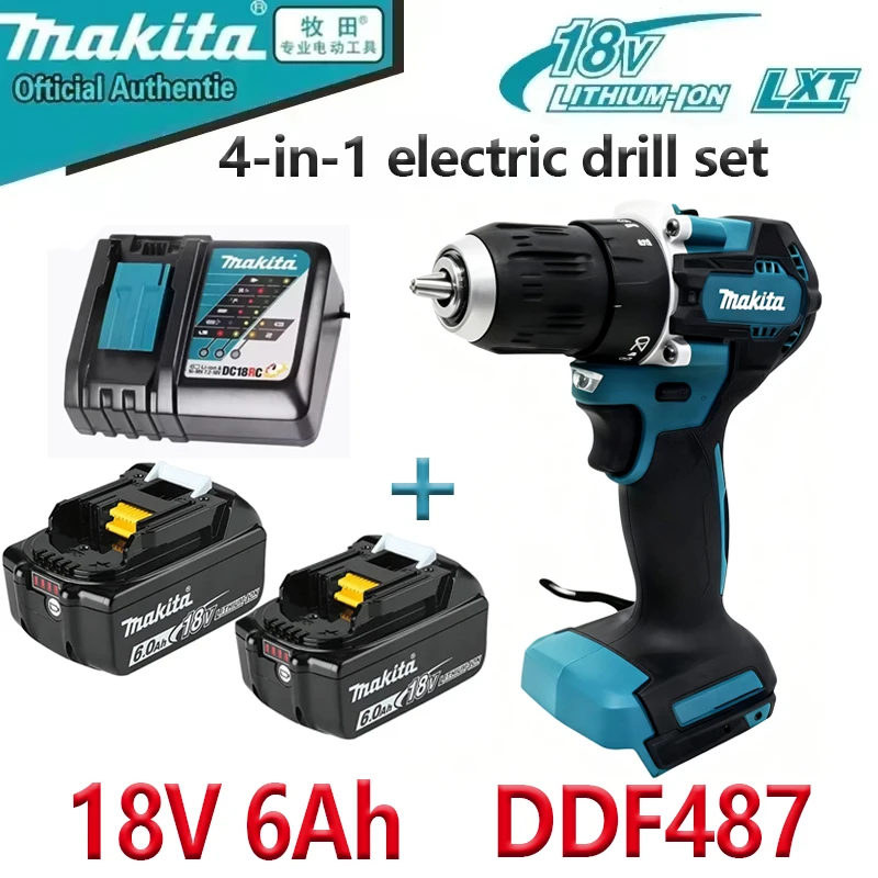 Kit combiné perceuse-visseuse sans fil Makita DDF487 18V, perceuse à percussion électrique sans balais 18V avec batterie Makita 18V 6Ah et chargeur