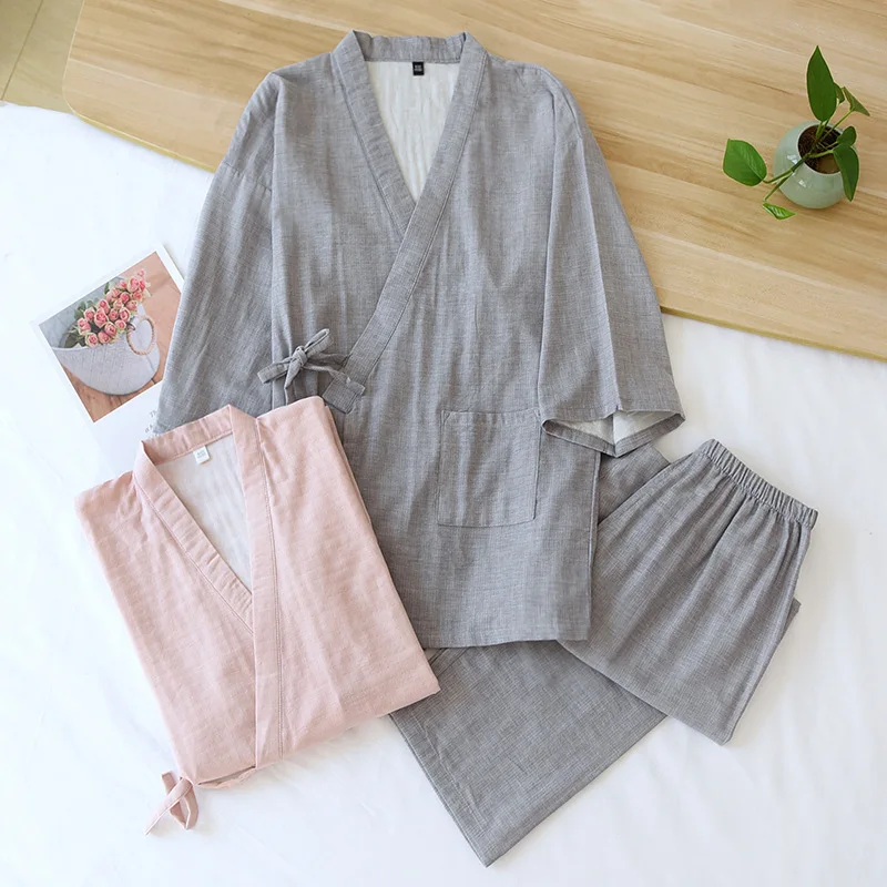 New spring and summer Japanese kimono two-piece couple pajamas set cotton loose large size men and women long sleeve trousers