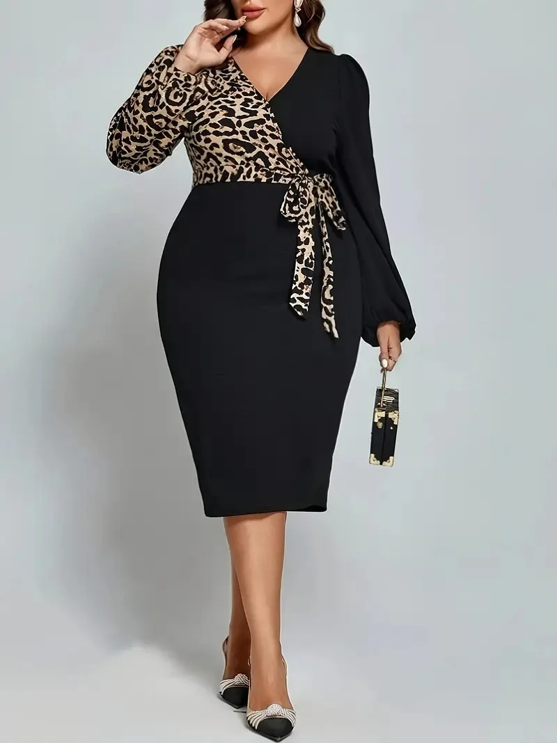 GIBSIE Plus Size Leopard Print Sexy Belted Dress Women New Autumn V-neck Lantern Sleeve Elegant Office Ladies Midi Bodycon Dress