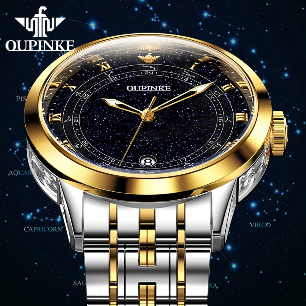 OUPINKE Automatic Men's Watch Luxury Diamond Bezel Starry Sky Dial Original Brand Sapphire Mirror Mechanical Man Wristwatch 3203