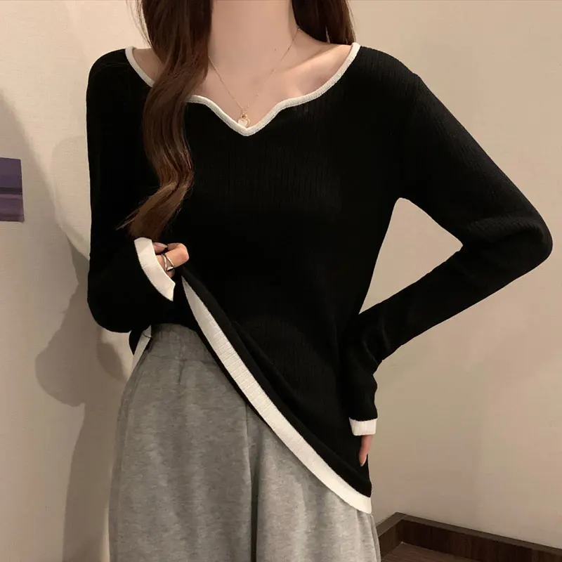 Spring Autumn plus Size Knitted Long Sleeve Color Block Slim Fit Base Shirt Design Sensation  Vintage Shoulder Length Sw...