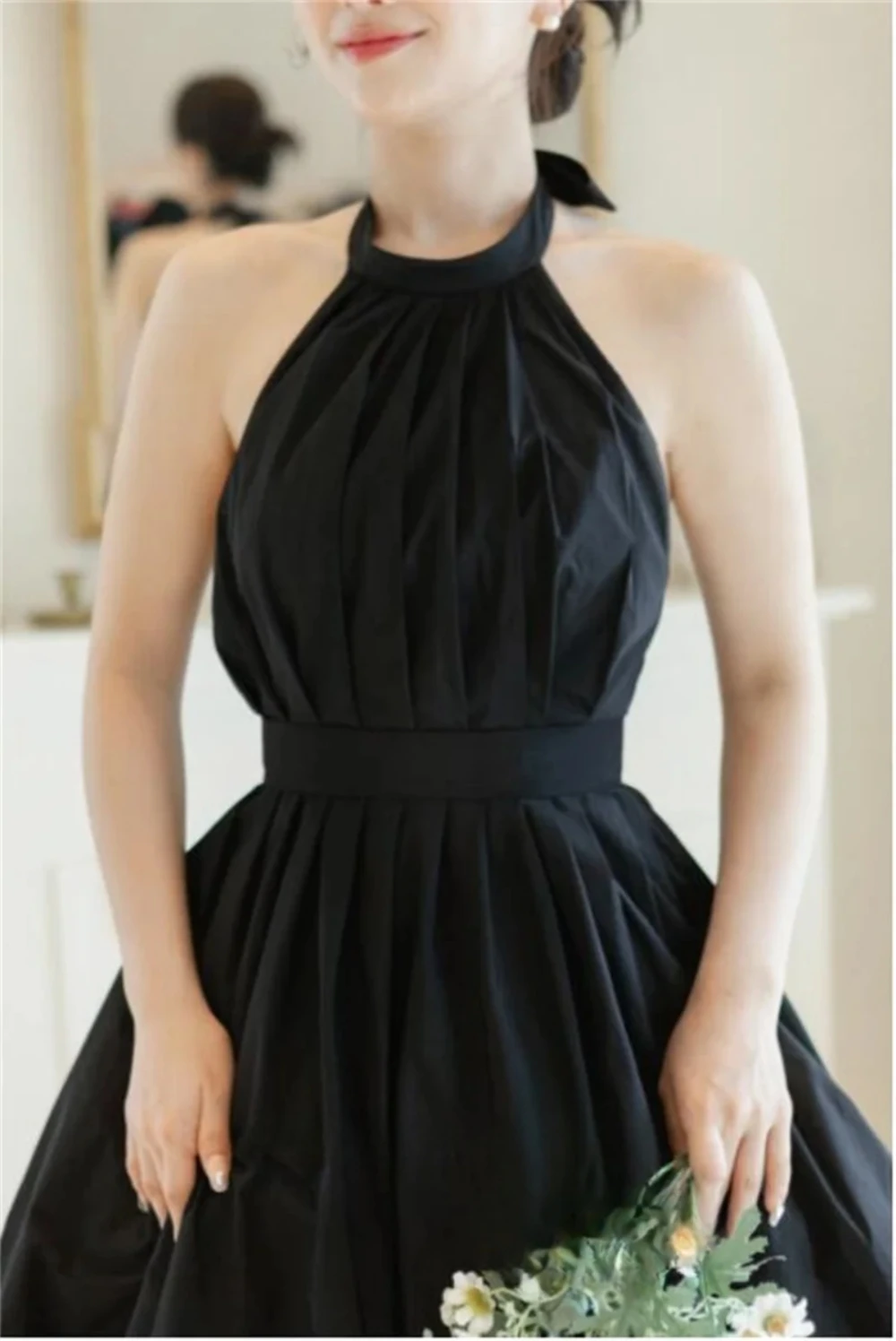 ZHUISHU-vestidos de noche sencillos con cuello halter, color negro, Tafetán, sin espalda, sin mangas, personalizados, corte en A, para mujer de Corea