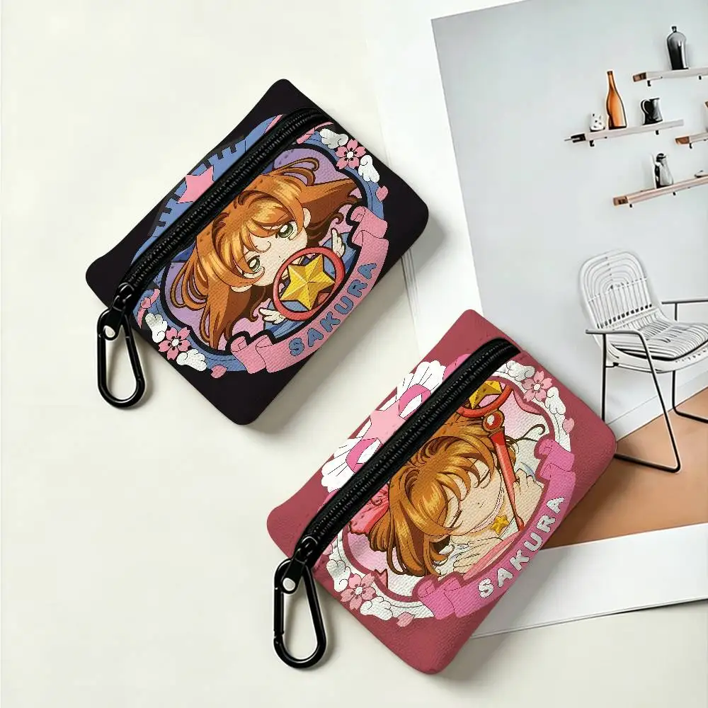 Card Captor Sakura Anime Portable Oxford Fabric Mini Wallet Carabiner Design Small Coin Bag For Cards Keys Earphones