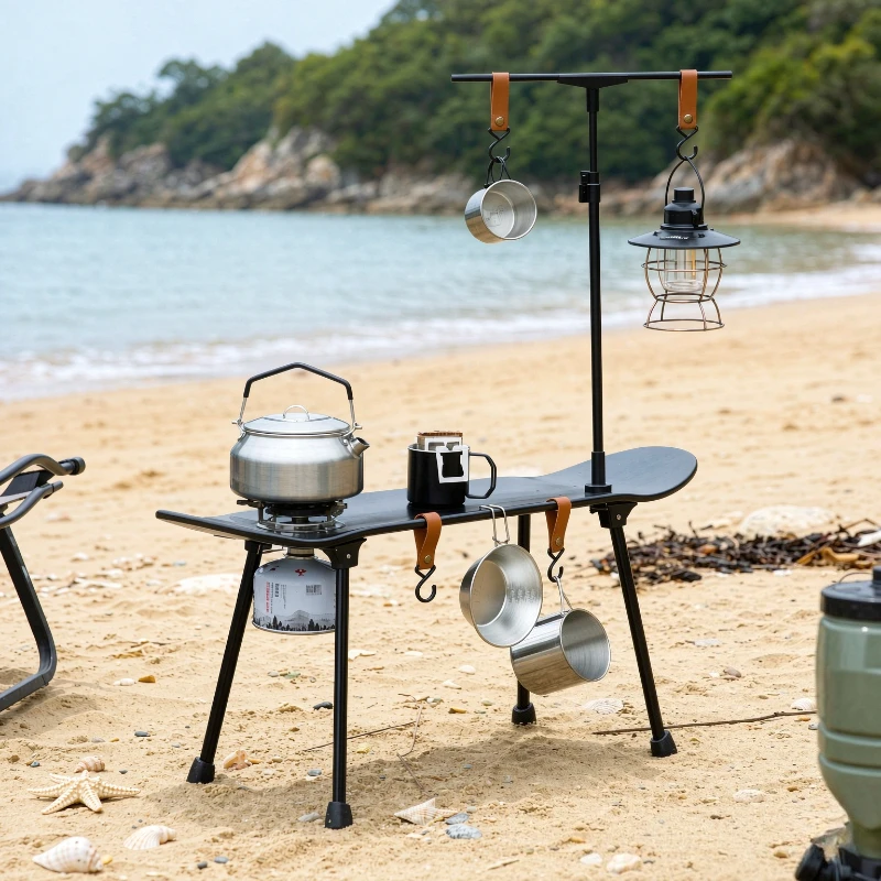 Foldable Skateboard-Style Camping Table, Portable Outdoor Coffee Table with Built-In Gas Stove, Lightweight Design for Patio Use
