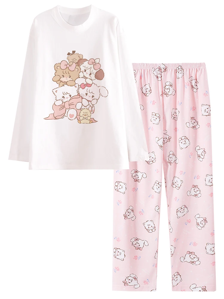 

Pure Cotton round Ne Spwear Women's Long Sve Long Pants Cute Bear Home Clothes Cartoon Sle Print Home Suit