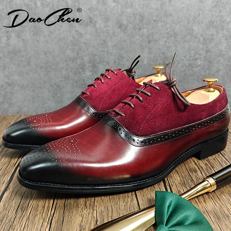 LUXURY BRAND MEN'S LEATHER SHOES SUEDE PATCHWORK OXFORD SHOES RED BLACK COWHIDE LEATHER BROGUES CASUAL MEN DRESS SHOES