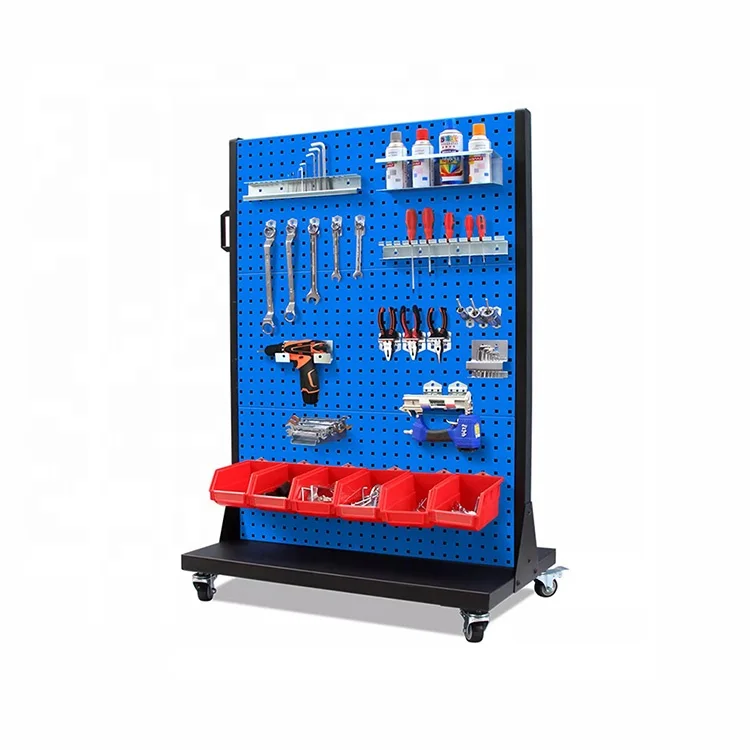 

Custom Double-sided Hardware Tools Display Rack Movable Multi-functional Metal Pegboard Display Stand Heavy Duty For Tools Store