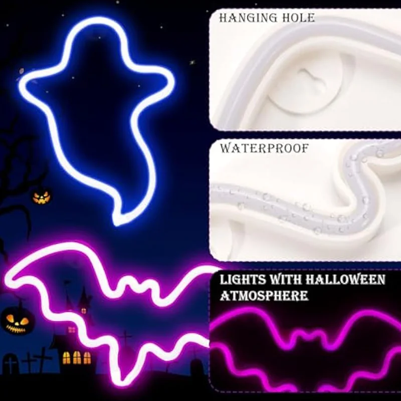 2 упаковки Хэллоуин призрак светодиодный неоновый свет летучая мышь огни настенный декор для Хэллоуина вечеринка Крытый домашний декор окна