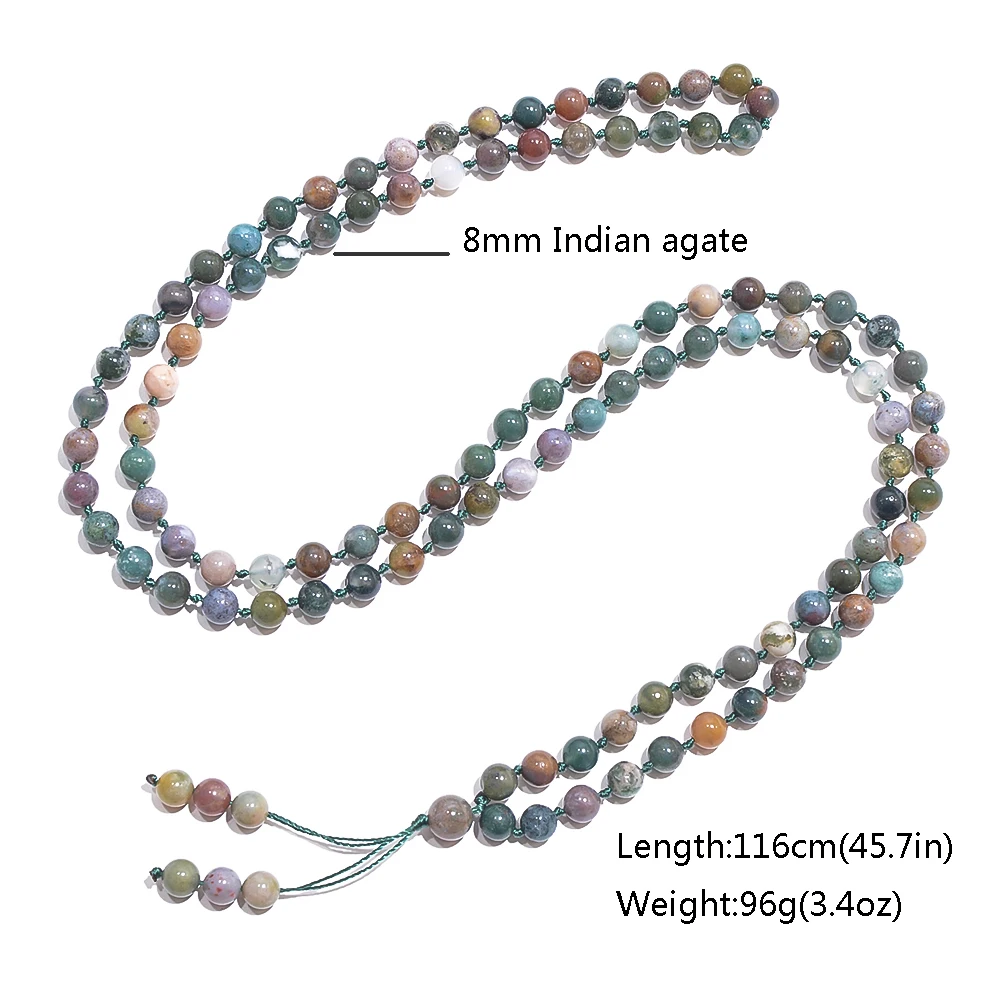 8mm Indian Agate Knotted 108 Mala Prayer Bead Necklace Meditation Yoga Jewelry Japamala Rosary for Men and Women