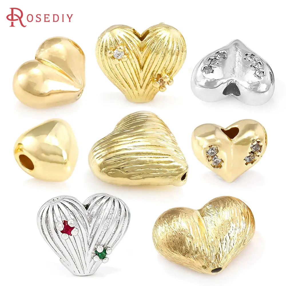

18K Gold Color Brass and Zircon Heart Spacer Beads Bracelets Beads High Quality Diy Necklace Earrings Jewelry Making Accessories