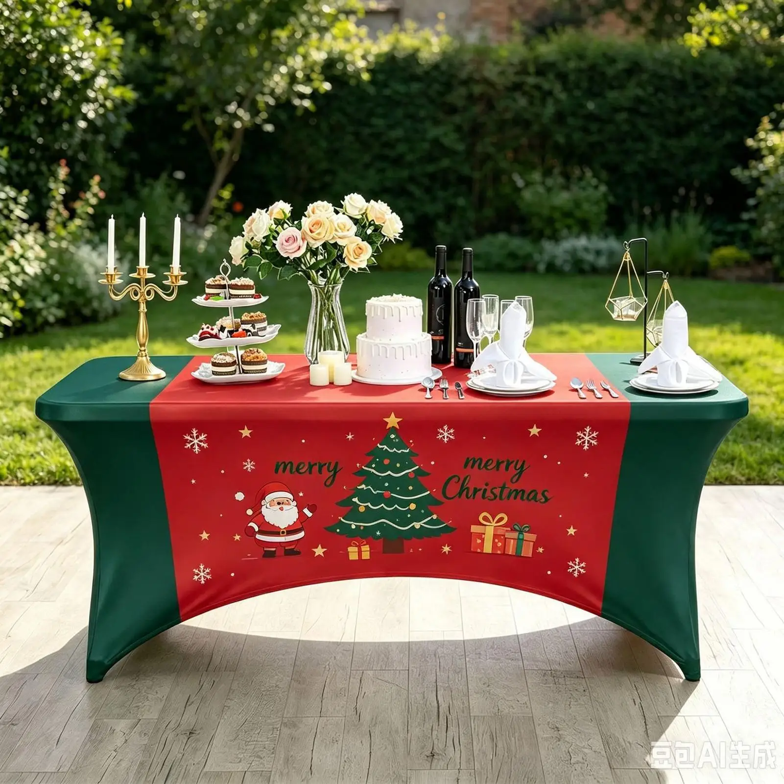 Christmas Stretch Table Cover Santa Snowflake Printed Holiday Cover Christmas Tablecloths for Family Dinner Party Dessert