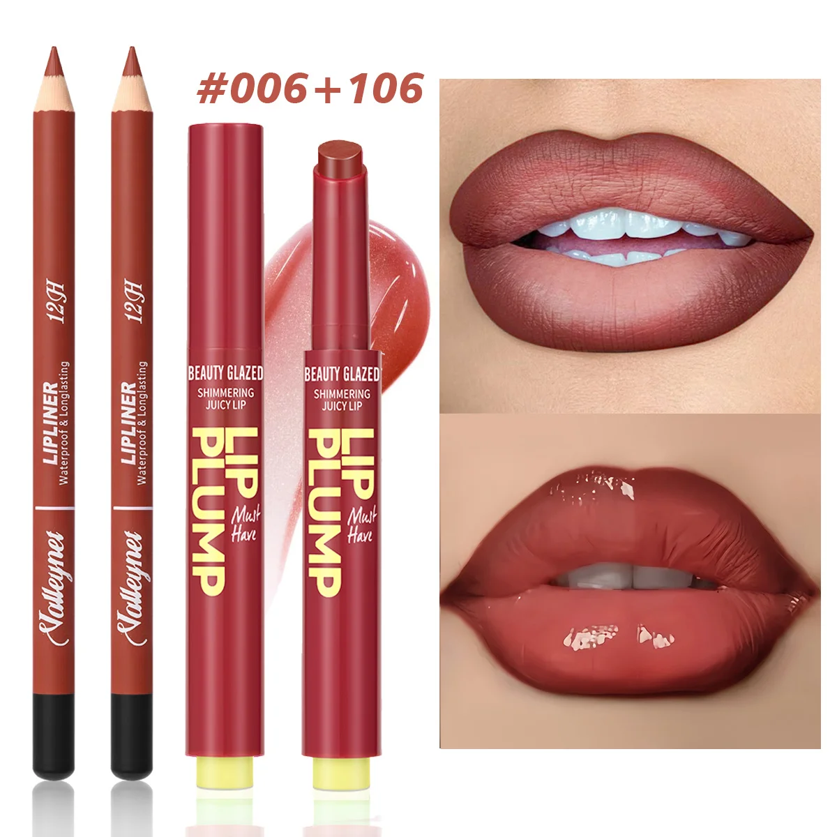 2 Stück/Set feuchtigkeitsspendender Lippenstiftstift + mattierter Lipliner, langlebig, rot, braun, lila und mehrere Farben optional
