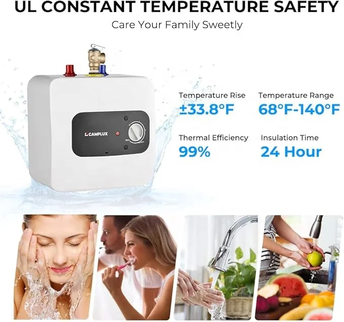 CAMPLUX Pro ME25B 온디맨드 2.5갤런 미니 전기 온수기 1.44kW 120V 가정용 코드 플러그 포함