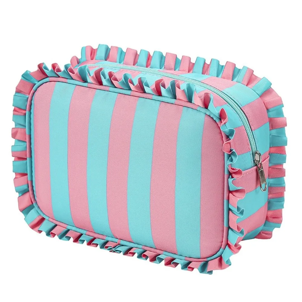Ruffle Decoration Striped Cosmetic Bag Oxford Colorful Striped Makeup Organizer Zip Top Large Capacity Women's Makeup Case