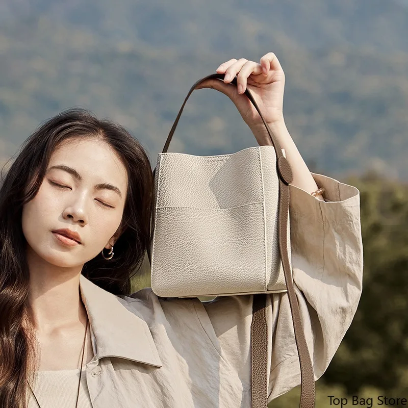 Women's Structured Luxury Genuine Leather Bucket Bag Convertible Drawstring Closure Gold-Tone Hardware Office Daily