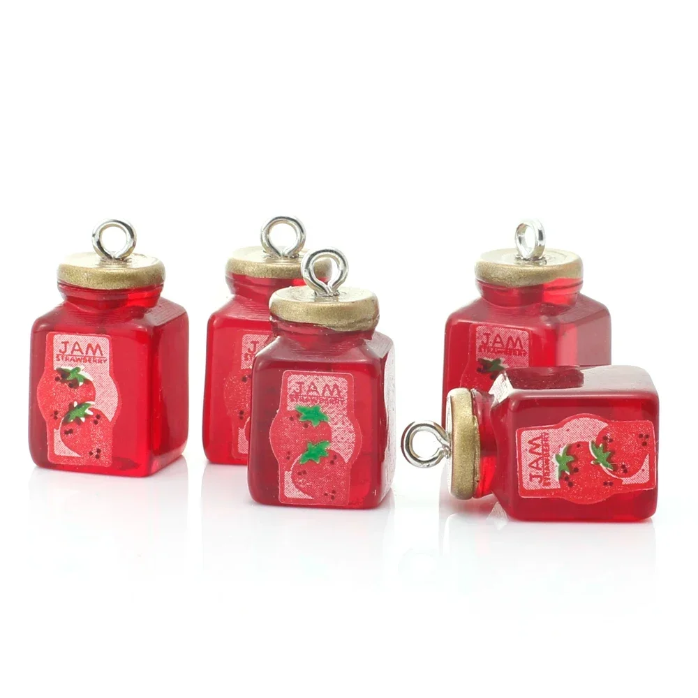 10 Uds. De dijes de resina de mermelada de fresa, bonitos colgantes de botella de comida 3D para pendientes, collar, llavero, suministros de joyería Diy