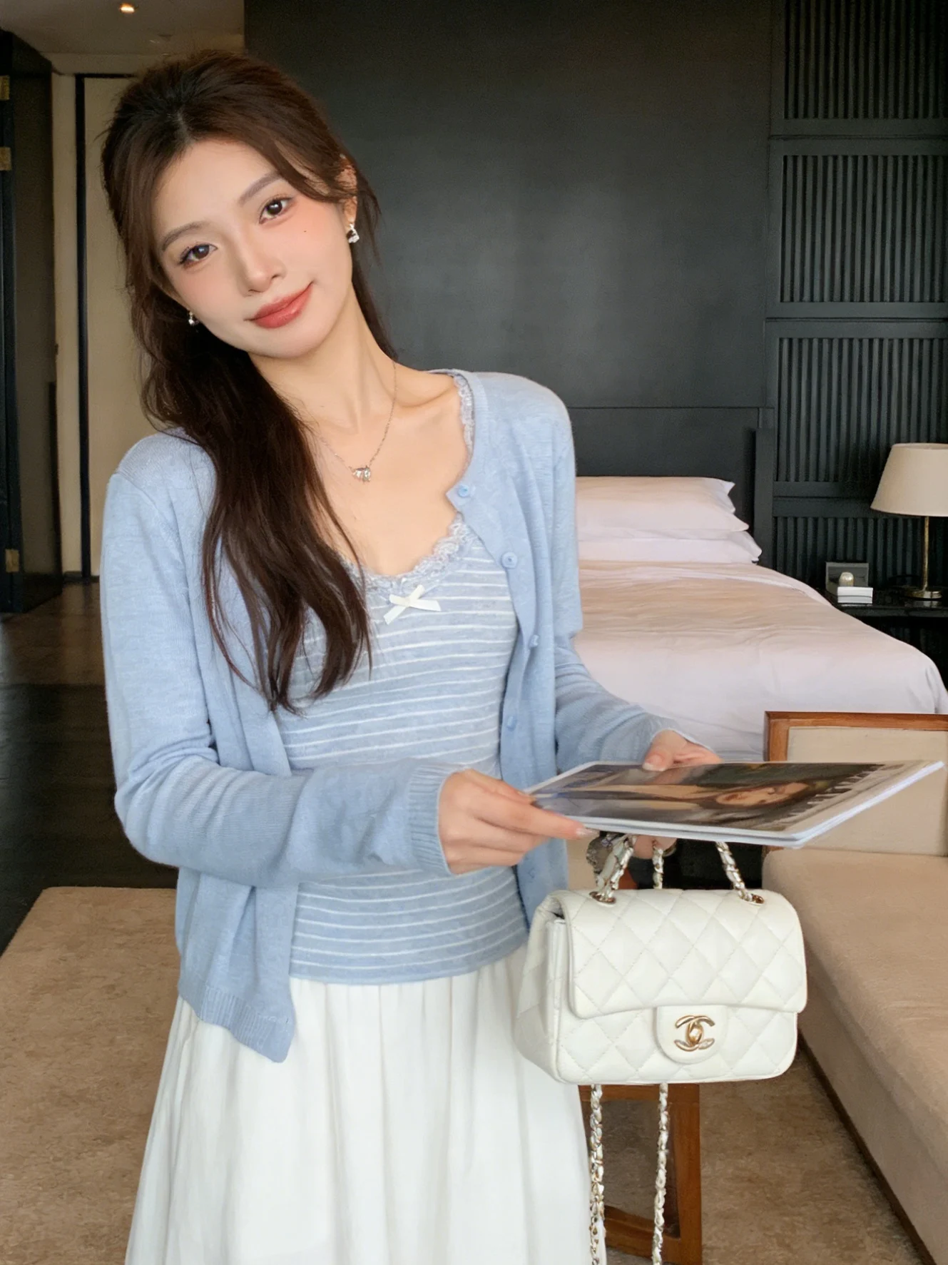 

Korean Sle Versatile Knitted Lace V-Ne Set Stripe Csole Inner Wear Spring New Arrival Breathable ort Sve Long Sve